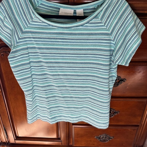 Liz Claiborne Petite Striped Blue and Green Women's Top - Picture 1 of 8